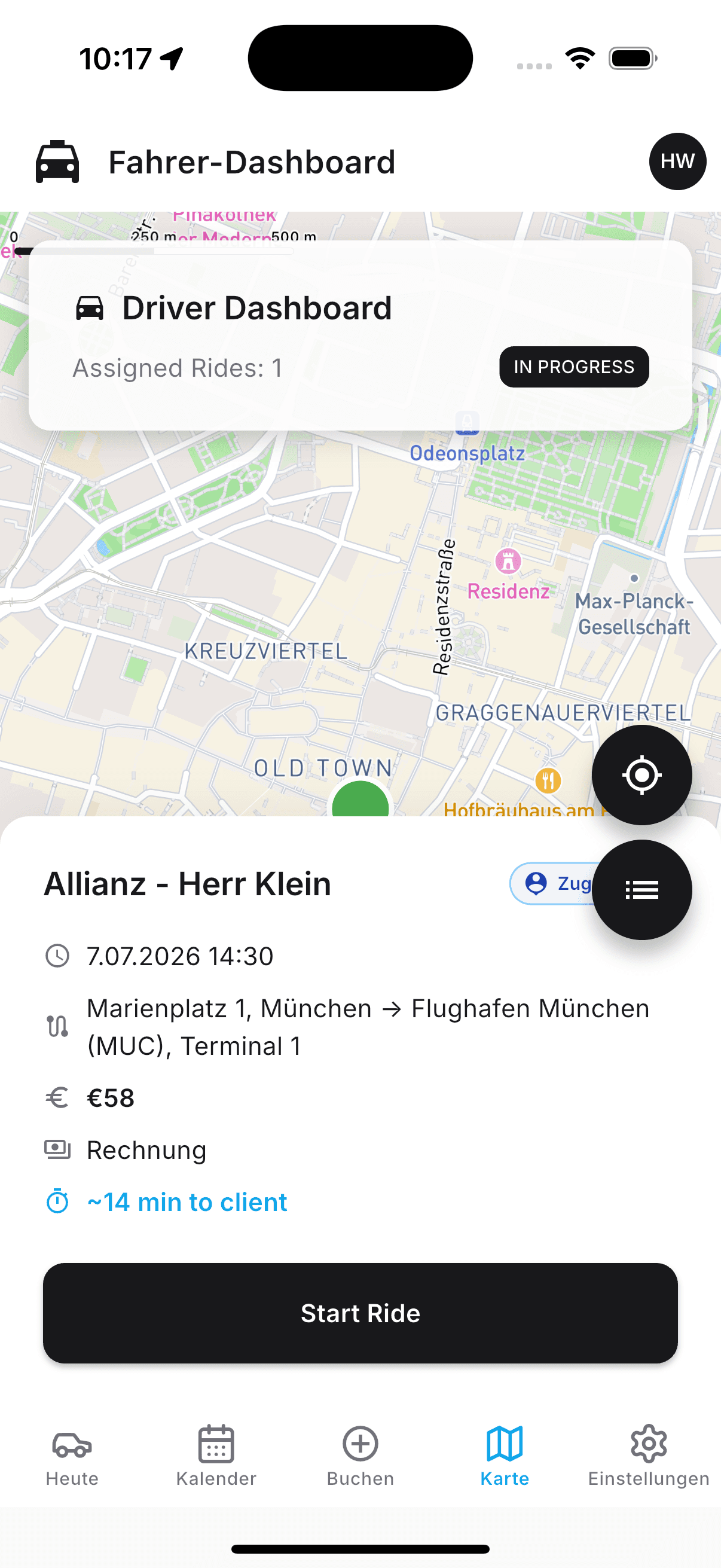 Dispax driver live map — route from Marienplatz to Munich Airport with ETA